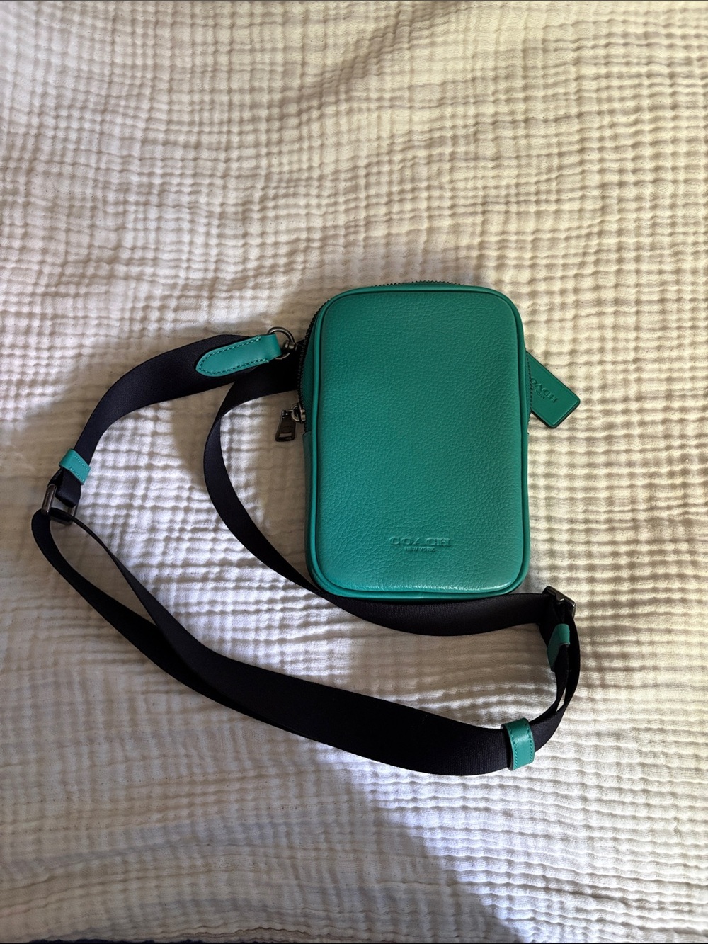 Coach Teal Pebbled Leather Crossbody Pouch with Black Strap